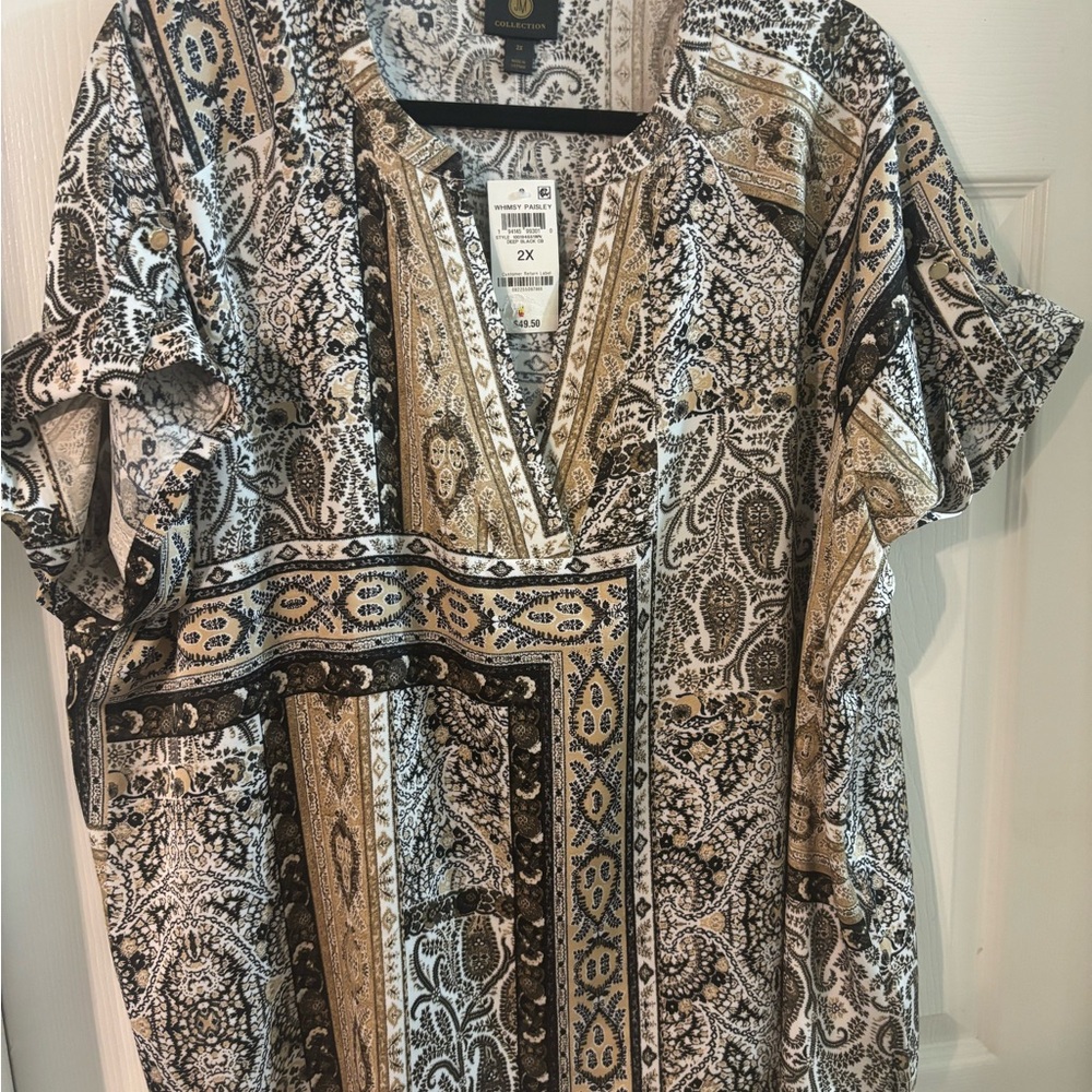 JM Collection Whimsy Paisley Top in Black, White, and Tan